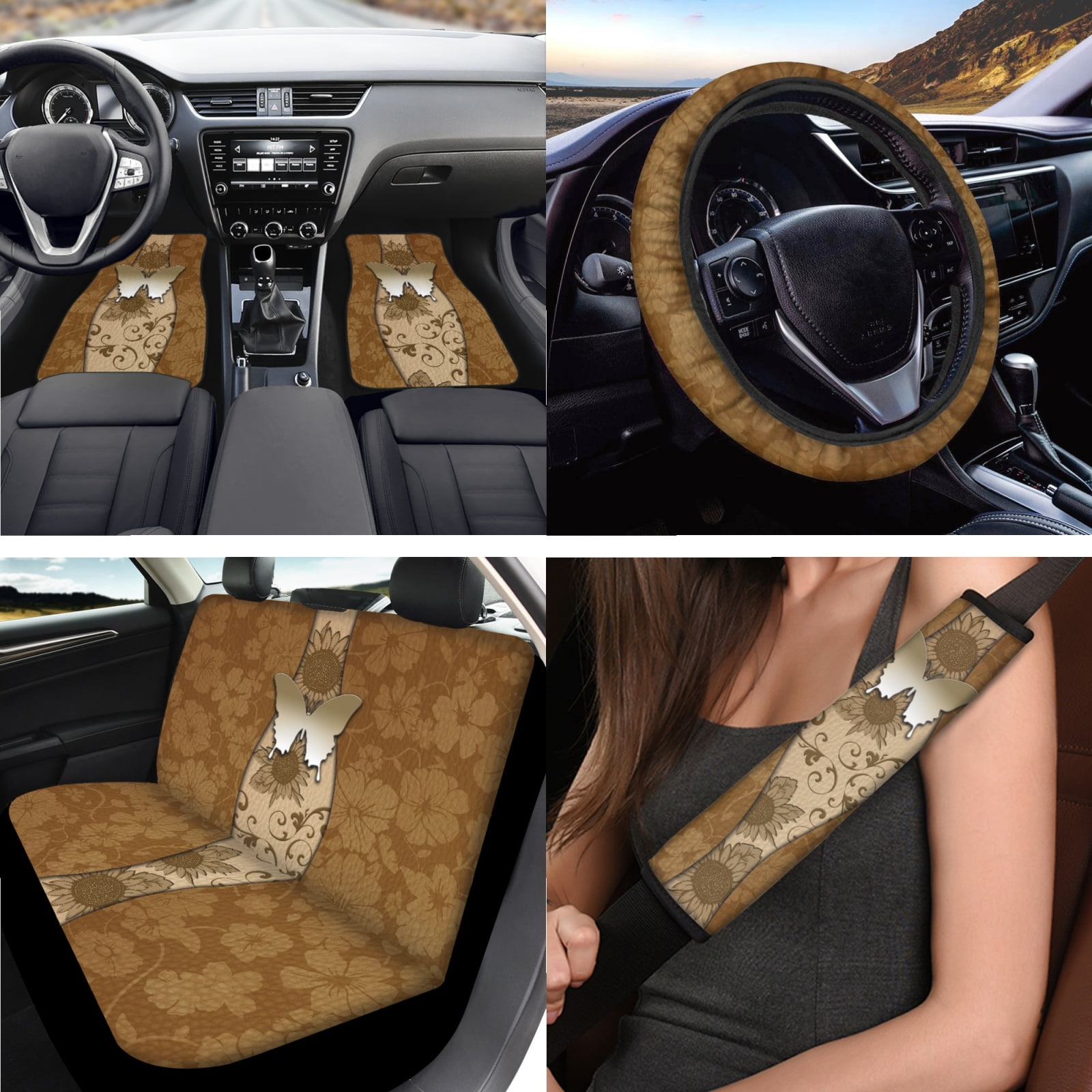 Jeiento Butterfly Car Seat Cover Full Sets Floor Mats Seat Belt Cover Armrest Cover Coaster Keychian Lipstick Holder Automobile Interior Accessories Universal Fit for Truck SUV Sedan 17 Pack