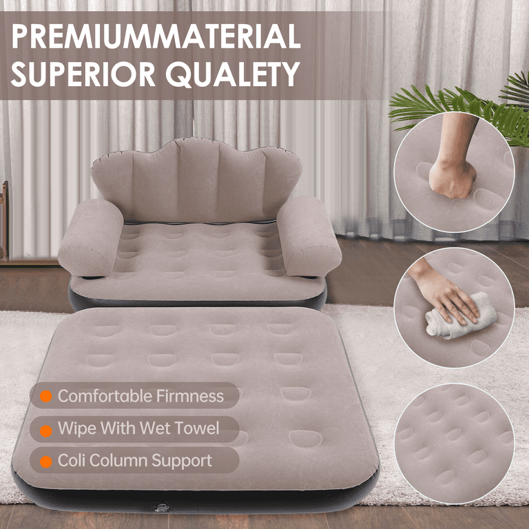Inflatable Sofa Bed Foldable Thickened Flocked PVC Blow Up Sofa 5 in 1 Air Couch Mattress For Camping Pump Not Included