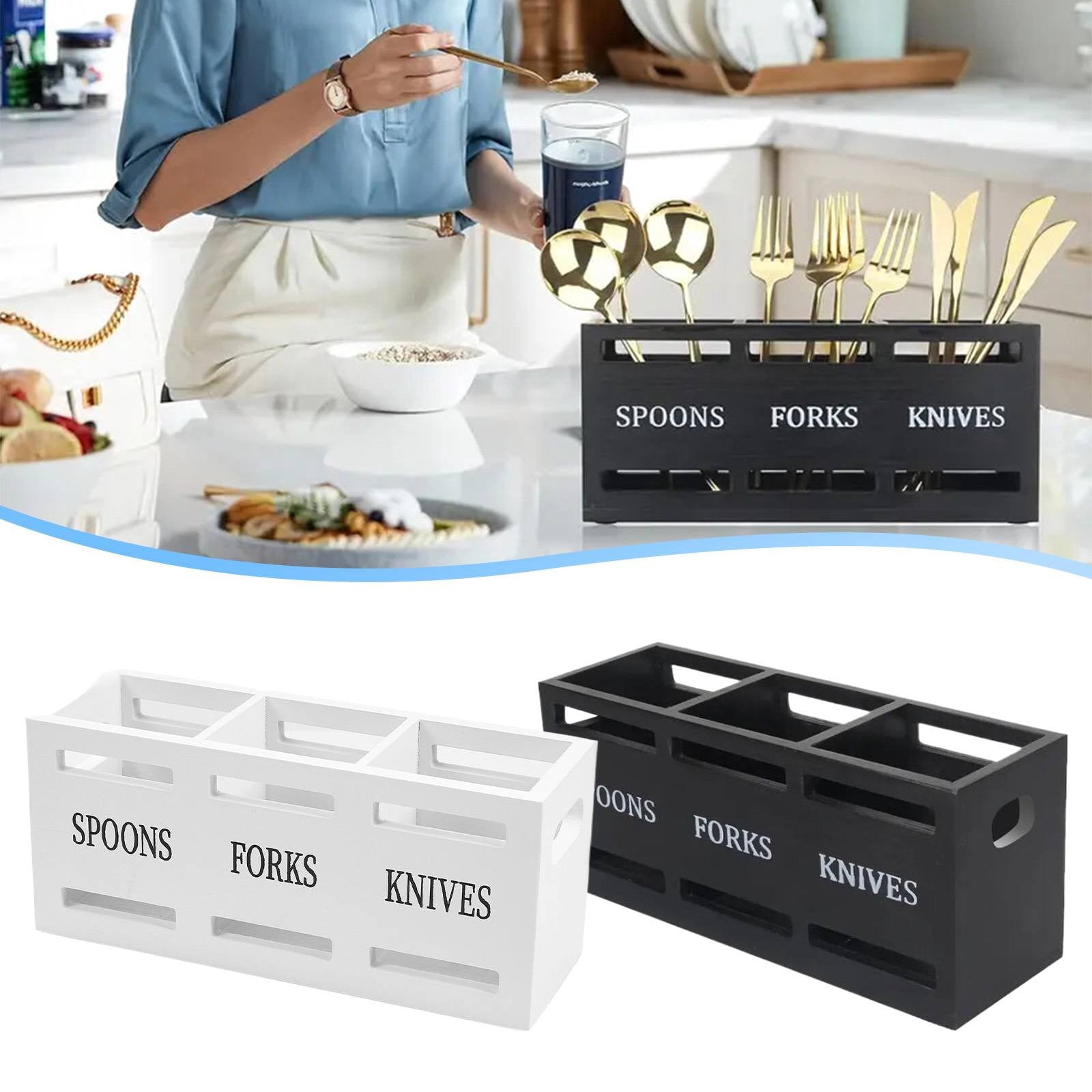 Modern Wooden Utensil Crocks with 3 Compartment, Silverware Cutlery Holders for Countertop, Durable Kitchen Utensils Organizer Storage Container for Knife, Fork and Spoon, 1Pc(White,10x3.4x4.5")
