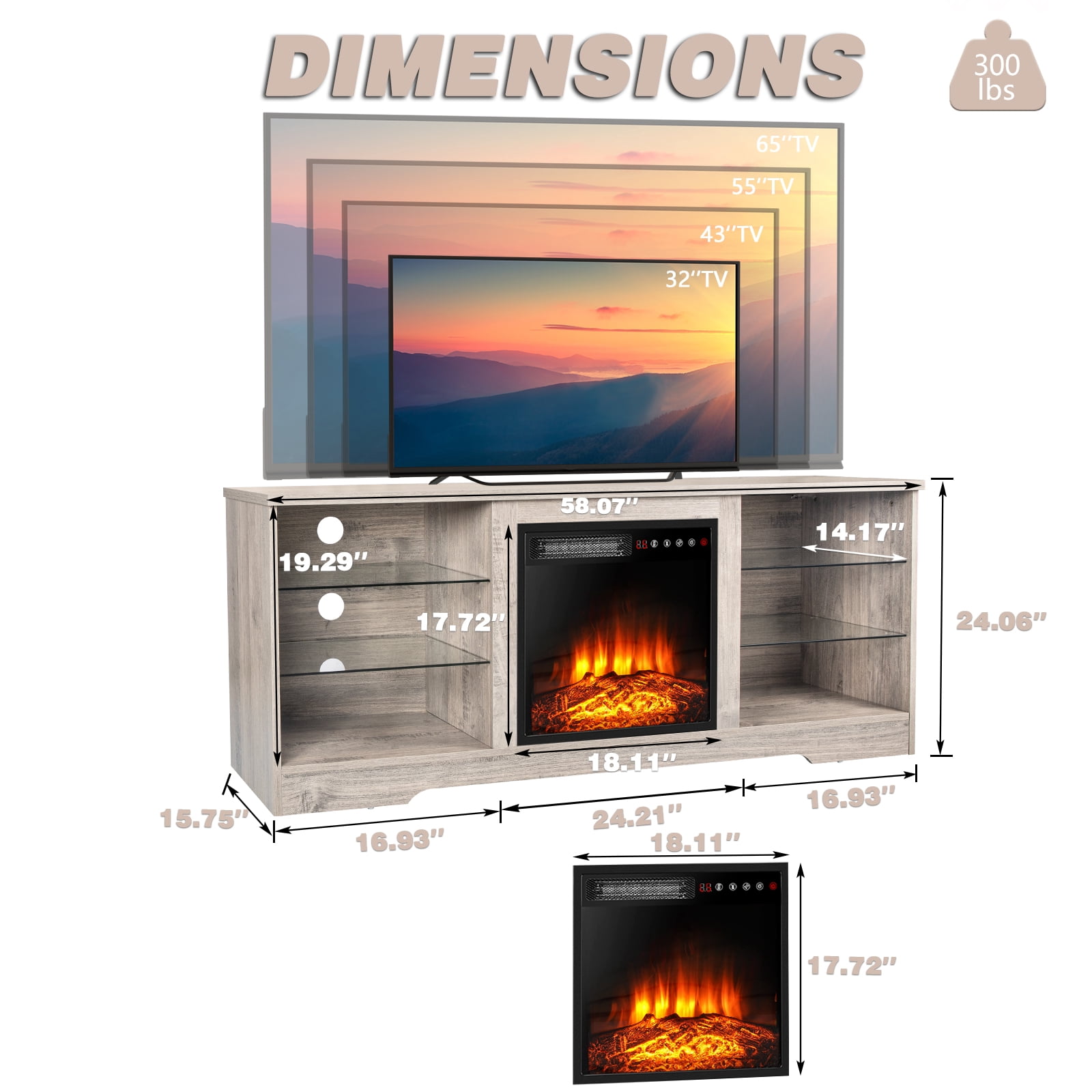 VITESSE 58 Inches TV Stand for TVs up to 65 Inches Console with 18'' Electric Fireplace ＆ Remote, Wooden Mid Century Modern Entertainment Center for Living Room with LED Light Glass Shelves