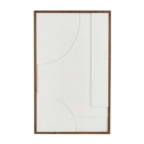 DecMode White Wood Geometric Textured Dimensional Shape Home Framed Wall Art with Brown Wooden Frame, 20" x 1" x 32"