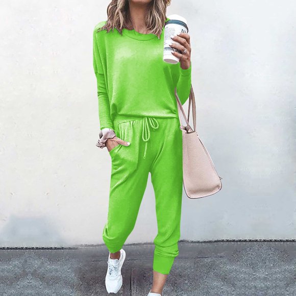 AnuirheiH 2 piece Women Jogger Set , Solid Color Crew Neck Sweatshirts Women Long Sleeve Irregular Pullover Top/Shirt Comfy Set Womens Activewear Sets