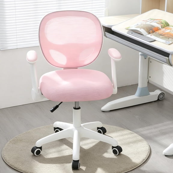 Kids Desk Chair, Kids Computer Chair, Ergonomic Study Chair with Mesh Back, Adjustable Height Swivel Chair, 90° Flip-Up Arms, Pink Office Chair for Home, Bedroom, Study, Ages 5-13