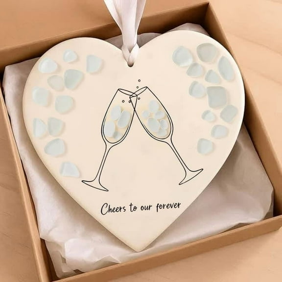 Personalized 'Cheers to Our Forever' Ornament - Sea-Glass-Style Heart Couple Keepsake, Wedding/Anniversary Christmas Decoration
