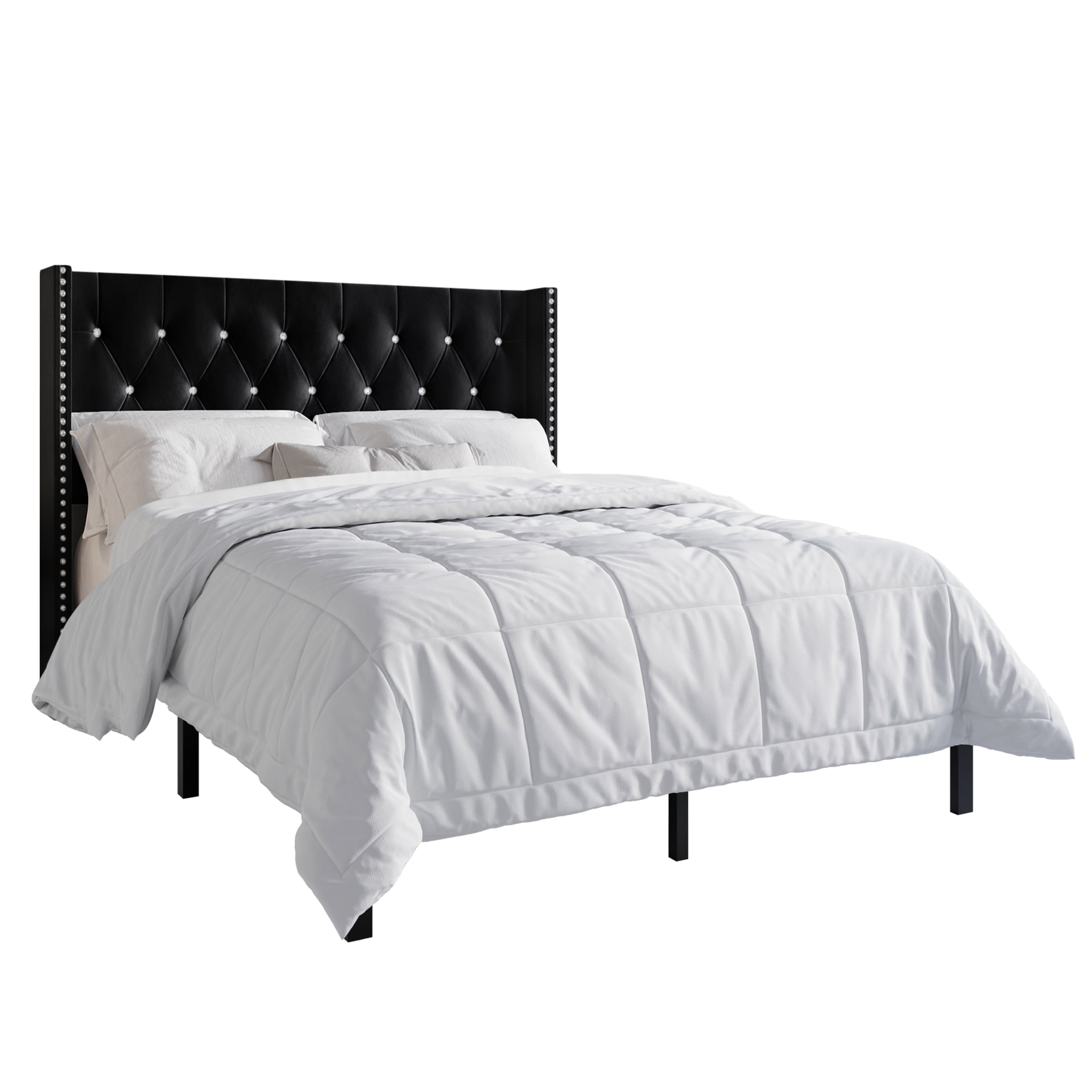 Castle Place Button Tufted Wingback Velvet Upholstered Bed with 2 Nightstands, Black, Full
