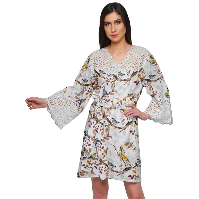 Moomaya Printed Cotton Venice Lace Bridesmaid Robe Short Robes For Women