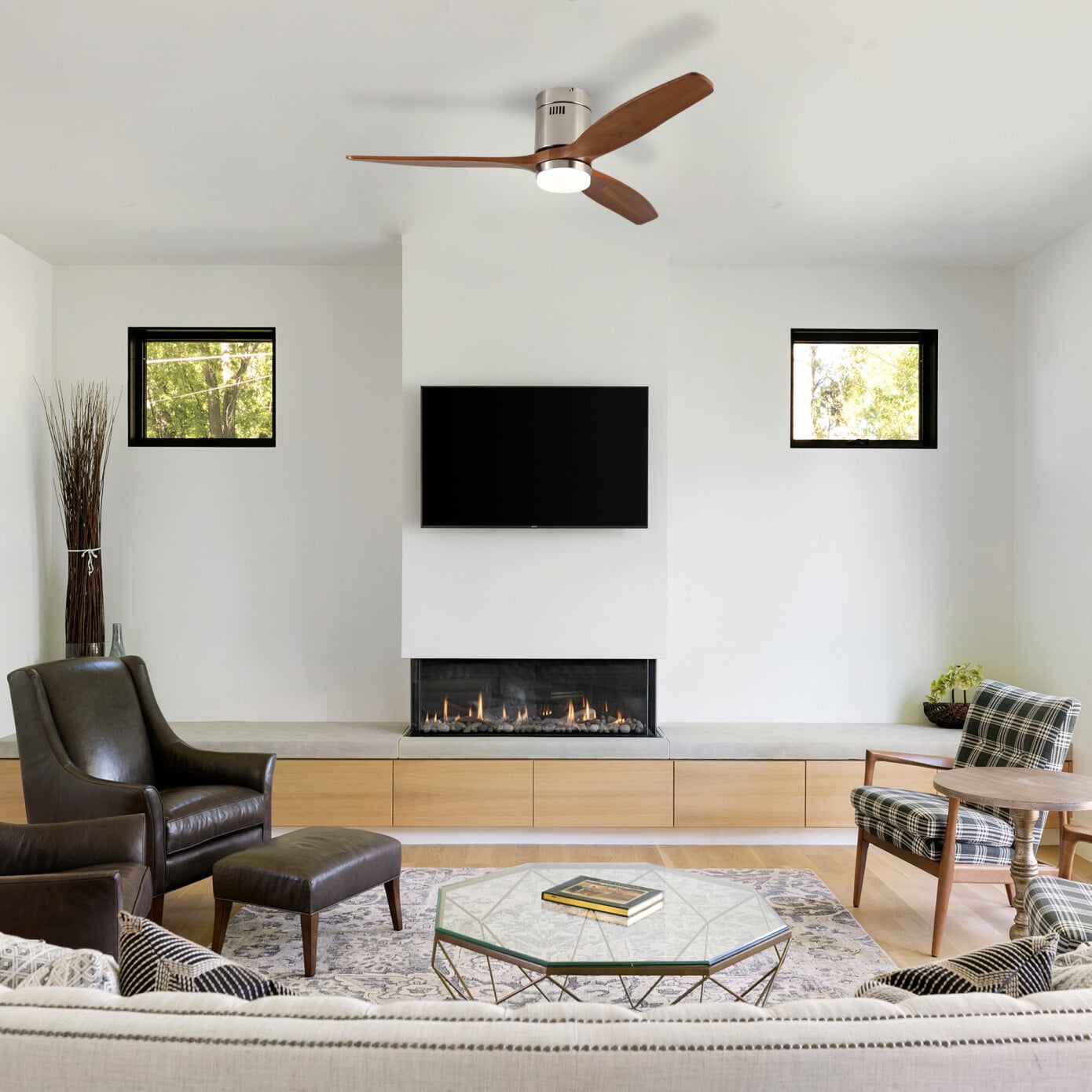 52 Inch Ceiling Fan with Light, Walnut Solid Wood Blades, Remote Control, 6-Speed Reversible DC Motor for Bedroom, Living Room, Dining Room Indoor Outdoor Use