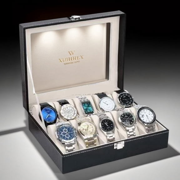 10-Compartment Premium Leather Watch Collection Storage Box, Luxury Display Case, Black