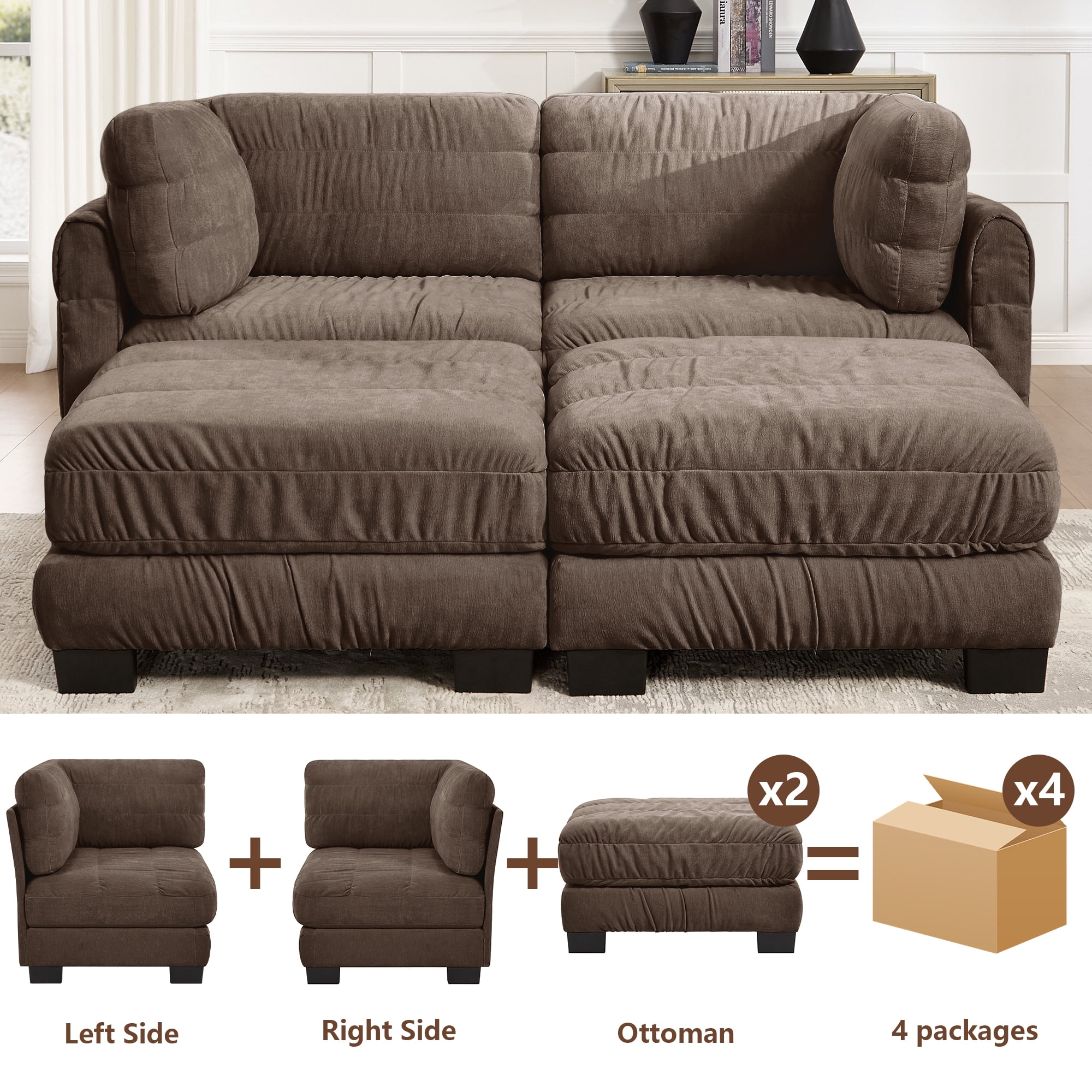 78" 2 Seat Chenille Modular Sectional Sofa with 2 Movable Ottoman and L Shape Back Cushions,Easy Assembly