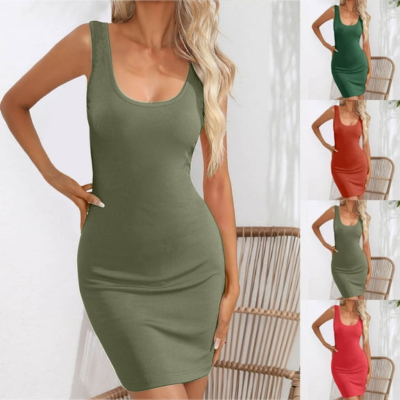 USSUMA Spring Dresses for Women 2025 Summer Dresses Sleeveless Crew Neck Casual Solid Color Wrap Skirt off Shoulder Neck Casual Maxi Dress Vintage Skirts Comfortable Skirtarmy Green Dress Size-L