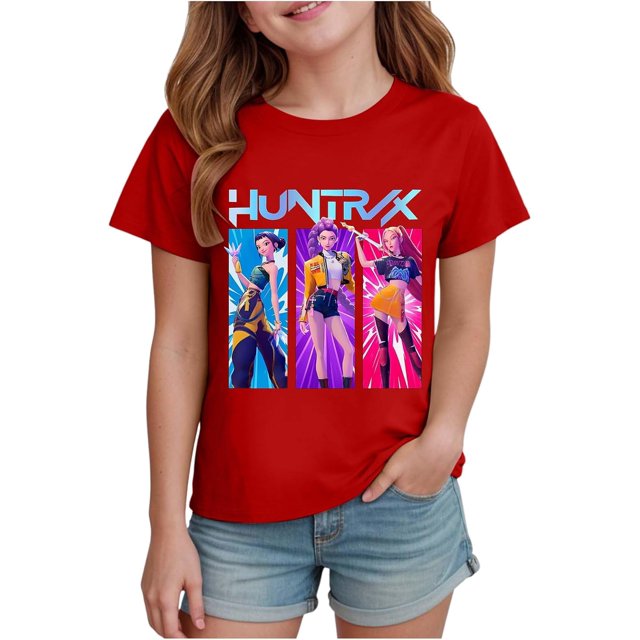 K pop Demon Chandail pour Filles, T-Shirt Graphique Mignon avec Dessin Animé, T-Shirt Tendance et Drôle, Chandail pour Enfants, Hauts Roses, Manches Courtes, Col Ras du Cou