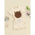 thumbnail image 3 of vera natura Toddler Boys Summer Outfits Fuzzy Bear Embroidered Short Sleeve T-Shirts Tops Elastic Waist Shorts 2Pcs Clothes Set, 3 of 9