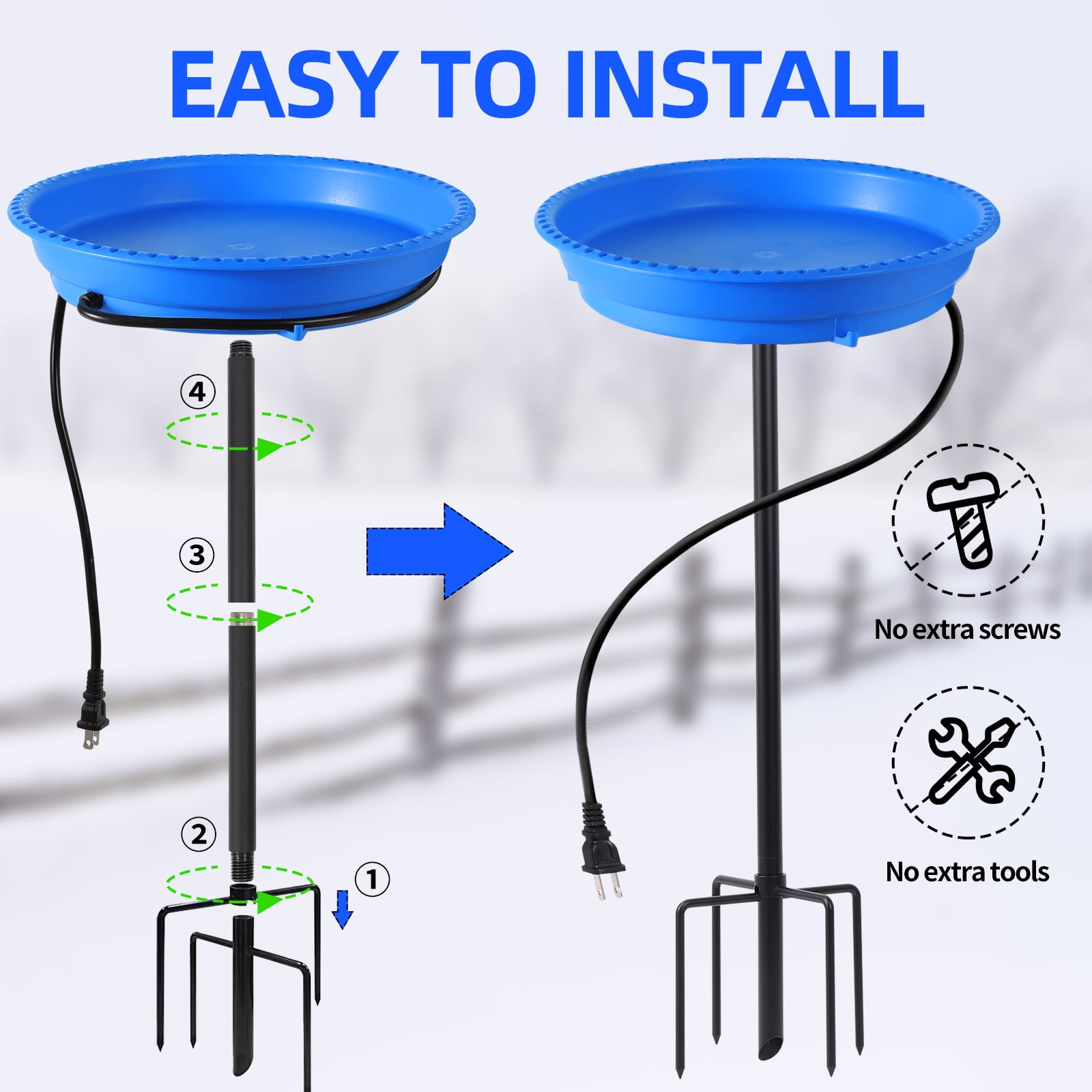 Heated Bird Bath for Outdoors for Winter, 75W Bird Bath Water Heater Bird Bath Deicer,Deep Bowl Thermostatic Control Weather Resistance Available with Stable Metal Pole for All Seasons(Blue)