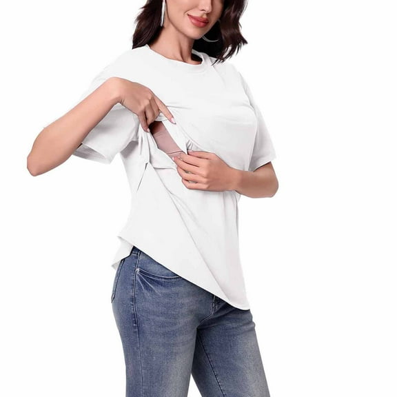 Delliss Women's Postpartum Mama Trendy Top Short Sleeve Layered Clothes Comfy Simple Convenient Breastfeeding Crew Neck T-Shirt