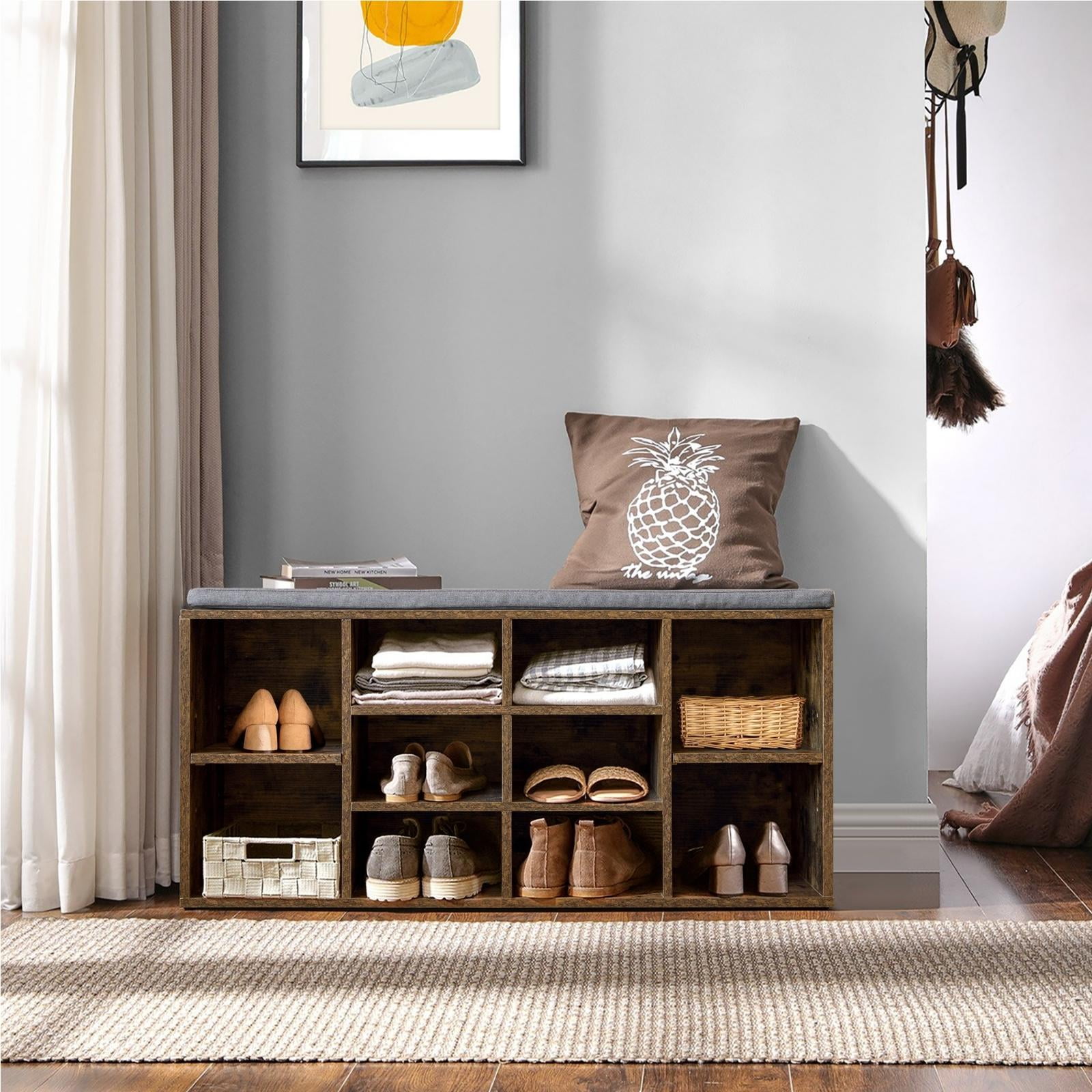 NiamVelo 3-Tier Shoe Bench Shoe Rack with 10 Compartments for Living Room, Brown