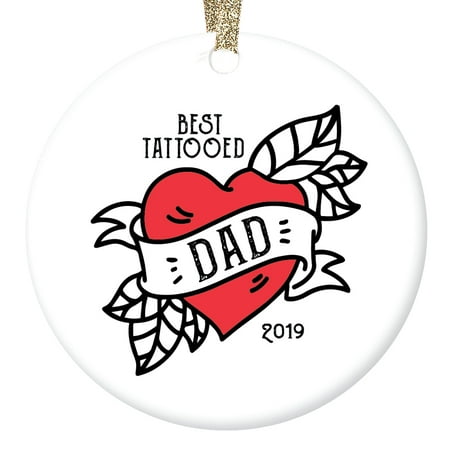 Best Dad Ever Gift 2019 Tattoo Christmas Ornament Keepsake Memorial Father Stepdad Stepfather First Year as a Daddy Rose Heart Vintage Ink Black & Red Ceramic Tree Decoration 3