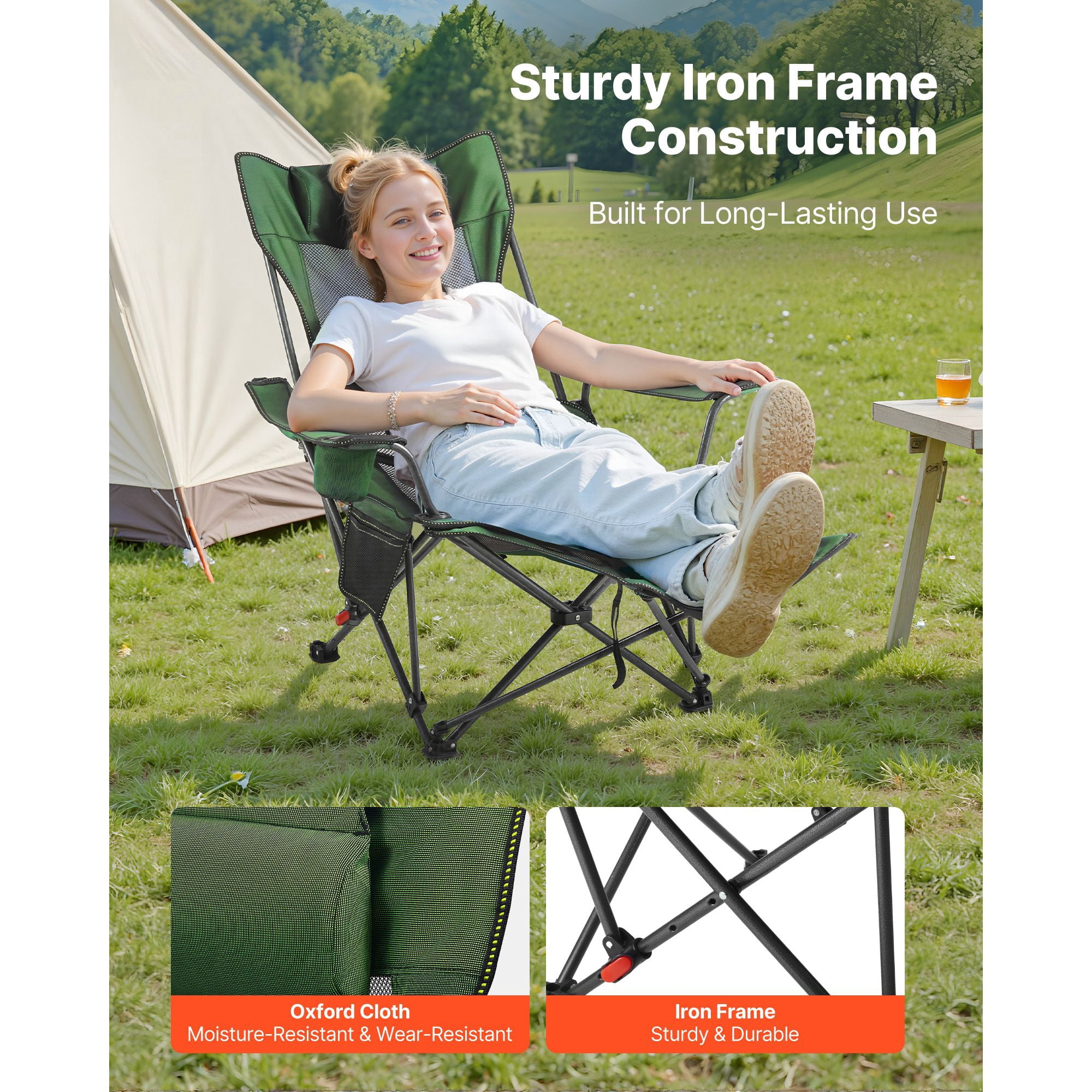 Foldable Reclining Lounge Chair 4-Position Adjustable, 220 lbs Capacity, Detachable Footrest, Cup Holder, for Camping Beach Patio