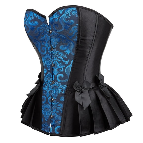 Gothic Brocade Women Boned Corset Bustier Top Black Blue 2XL