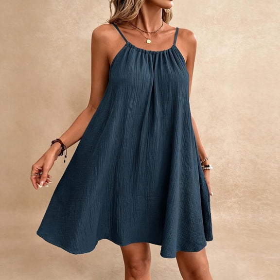Asgosdo Women Summer Dresses Cotton Sleeveless Pleated Open Back Drawstring Loose Fit Casual Midi Dress