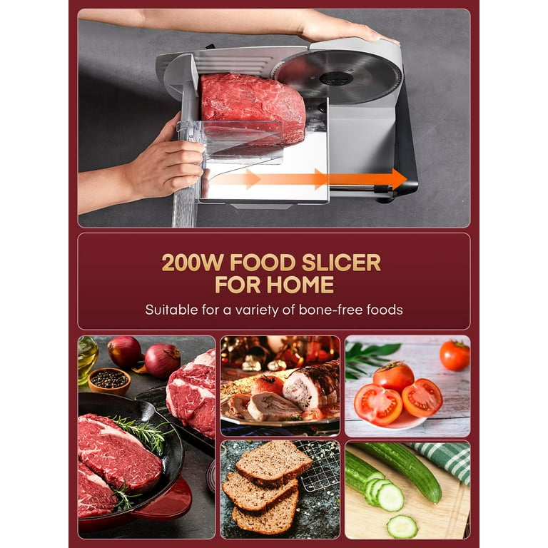 Home Use Meat Slicer, Food Slicer with Removable 7.5'' Stainless Steel  Blade and 0-15mm Adjustable Thickness, Include Food Pusher & Non-Slip Feet  150W – AICOOK