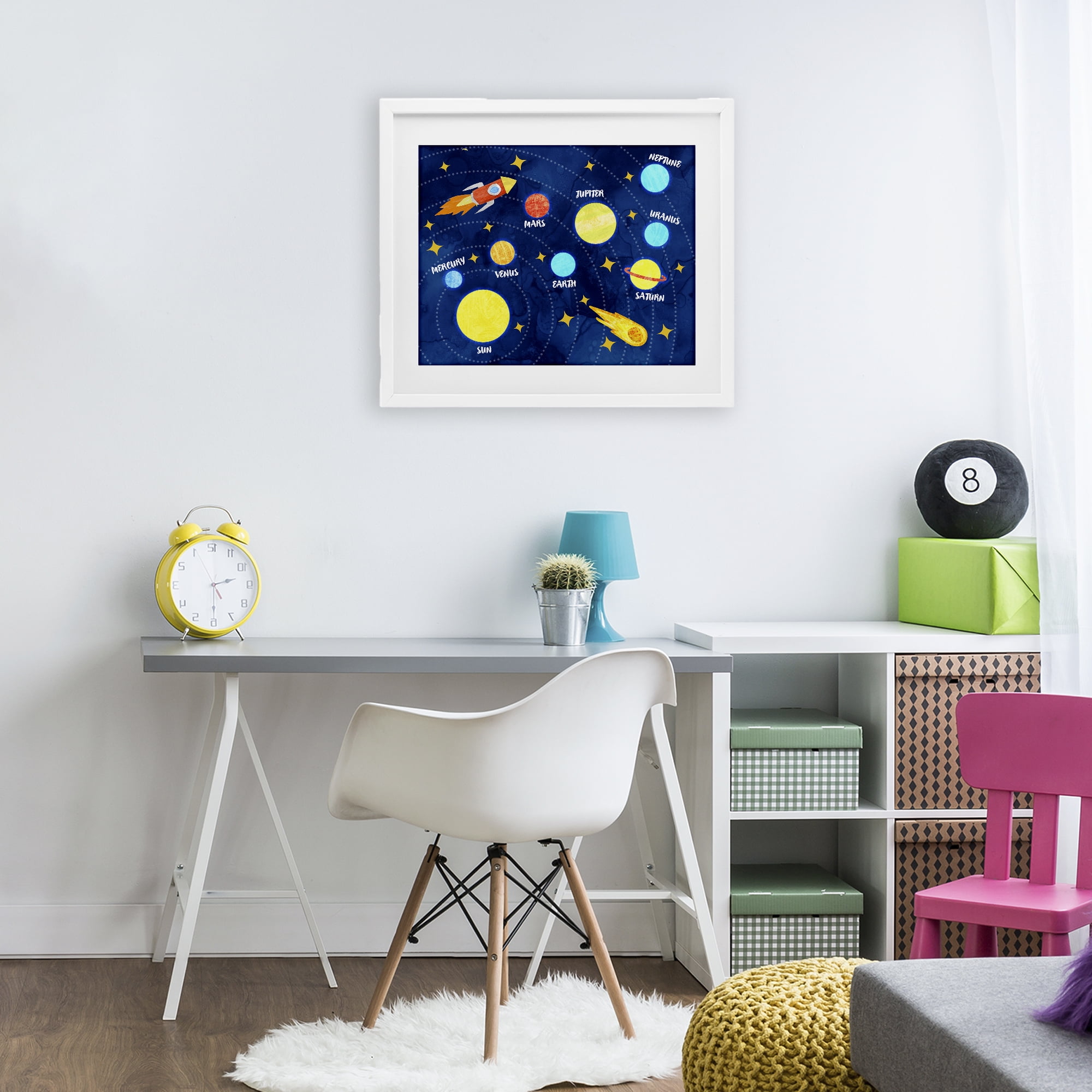 Rocket Across Solar System White Framed Print Under Glass, design by Daphne Polselli