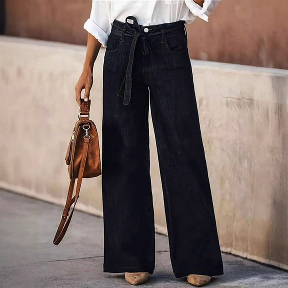 Aueoeo Women Lace Up Jeans Straight Wide Leg High Waisted Button Up Denim Jeans Loose Fits Trendy Trousers with Pocket