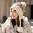 thumbnail image 3 of Voska Womens Thick Knit Ear Flap Winter Hat Soft Fleece Lined 3 Pom Pom Pull On Beanie with Fair Isle Pattern Beige One Size, 3 of 4