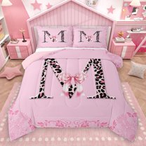 Homewish Personalized Initial Letter M 2pcs Bedding Comforter Set for Kids Children Girls,Leopard Print Twin Comforter Sets,Dreamy Princess Bow Breathable Bedding Set,Luxury Bedroom Decor,Reversible