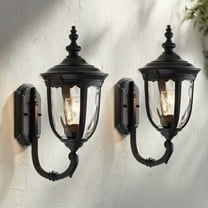 John Timberland Bellagio Vintage Outdoor Wall Light Fixtures Set of 2 Textured Black Metal 16 1/2" Clear Hammered Glass Post Exterior Barn
