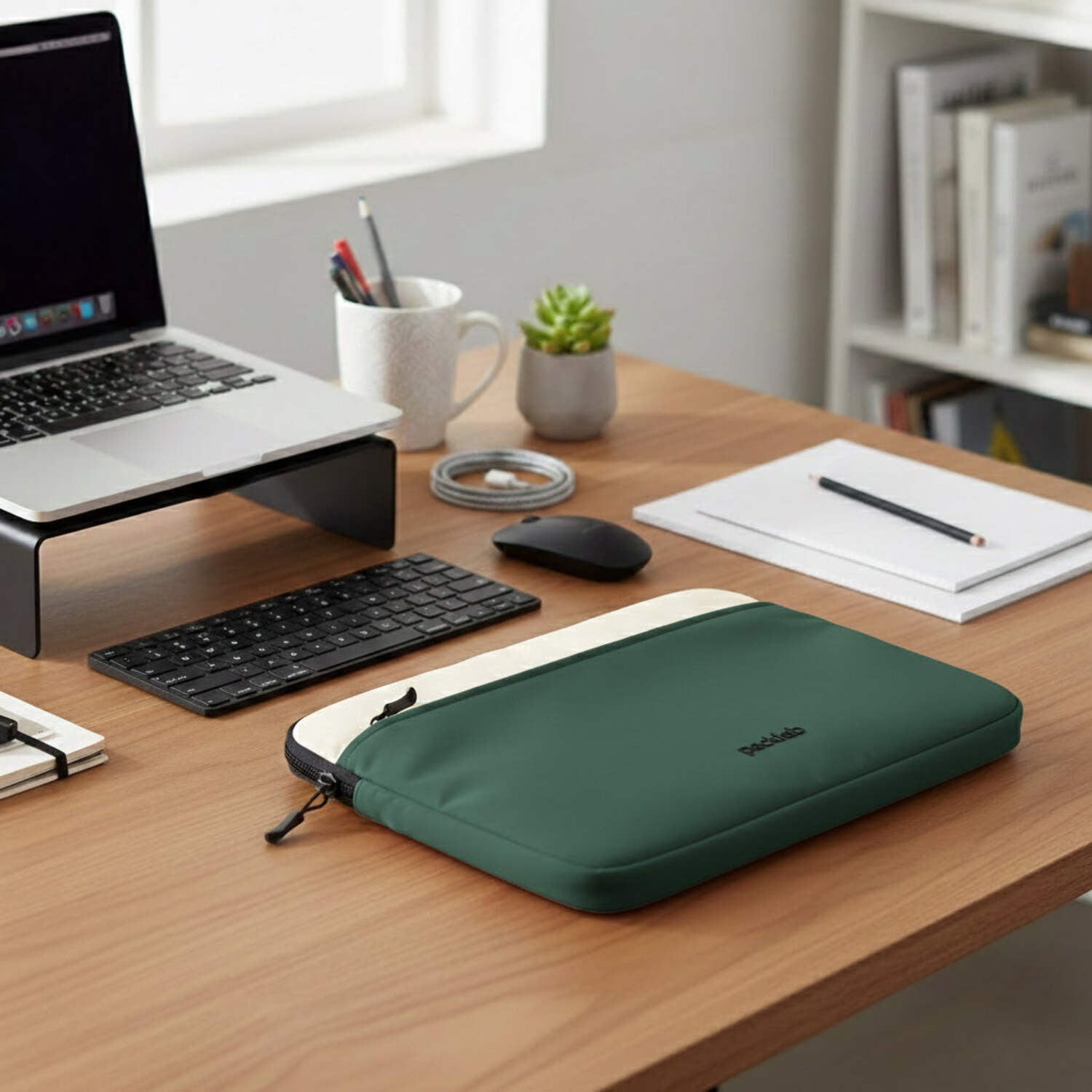 packlab Cream and Green Laptop Sleeve with Pocket – Slim Padded 14 Inch Computer Case for Work, Travel, and Everyday Carry