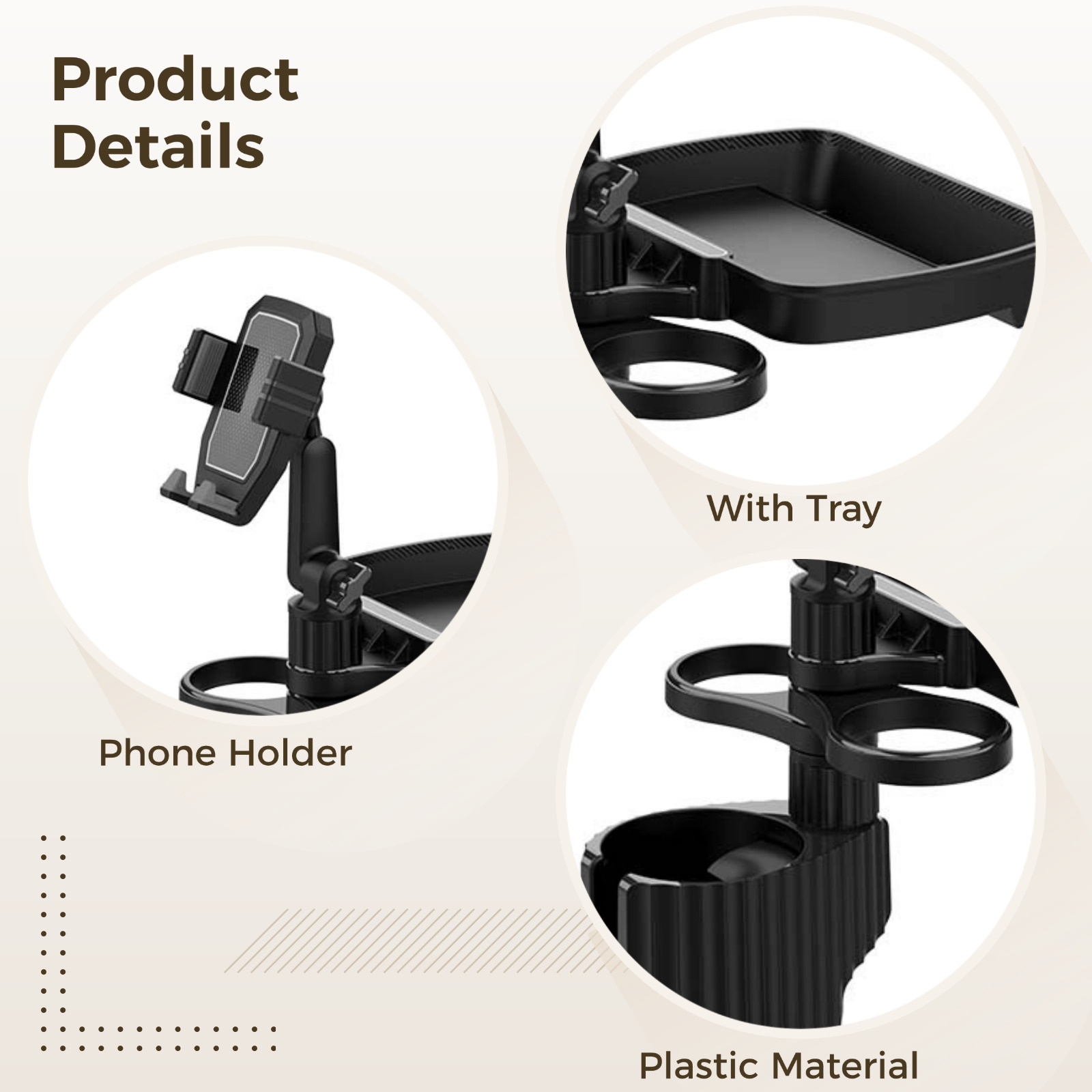 6-in-1 Car Cup Holder Expander with Tray & Phone Mount, Multi Car Food Tray with 360° Rotation Adjustable Base, Car Cup Holder Organizer for Drinks, Snacks, Gray