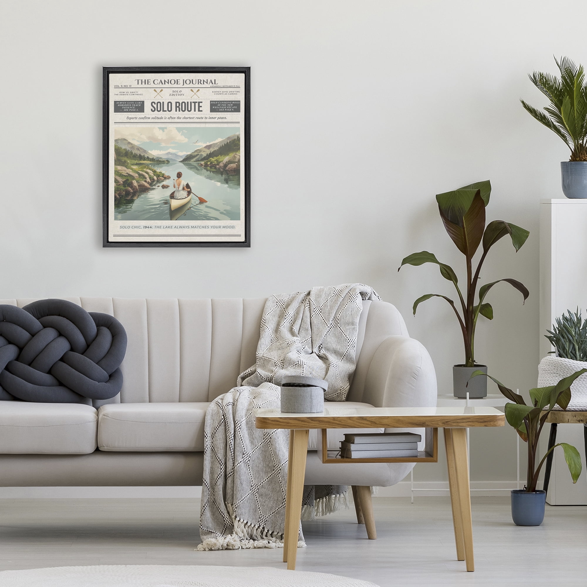 Stupell Industries Canoe Journal Newspaper Black Framed Floater Canvas Wall Art, design by A Barefoot Stylist