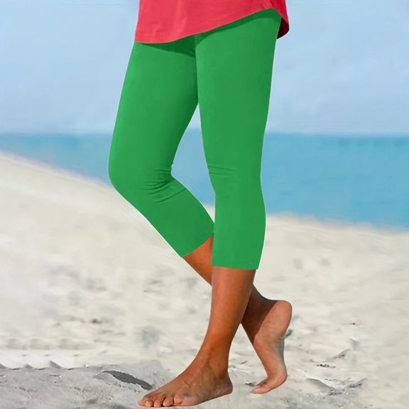 AKEGAMN Casual Print High Waist Elastic Cropped Leggings, Green S-3XL