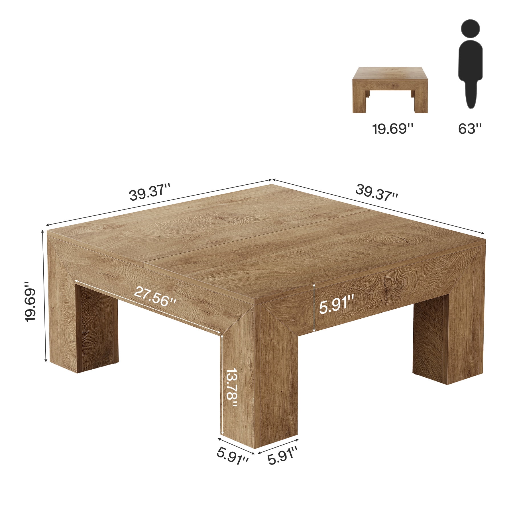 Fnova 39.4" Square Coffee Table, Farmhouse Wood Accent Center Cocktail Table with Sturdy Wooden Legs for Living Room, Easy Assembly