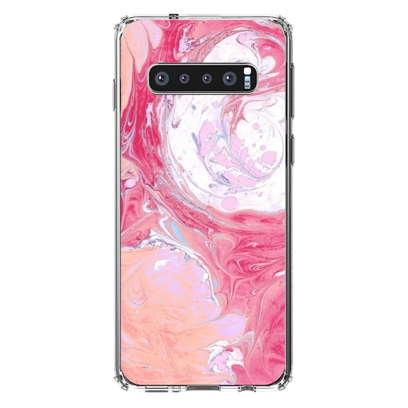 DistinctInk Clear Shockproof Hybrid Case for Samsung Galaxy S10 (6.1" Screen) - TPU Bumper, Acrylic Back, Tempered Glass Screen Protector - Hot Pink Blue White Marble Image - Printed Marble Image