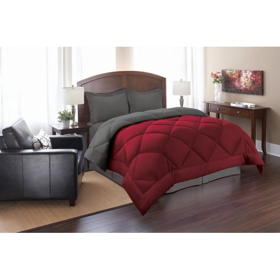 Goose Down Alternative Reversible Comforter -  All Season-Full/Queen, Red/Gray