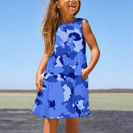 

Realhomelove Girls Dresses Summer Sleeveless Round Neck Casual Printed Sundress Home Party Beach Swing Dresses for Kids Little Girls 3-14 Years