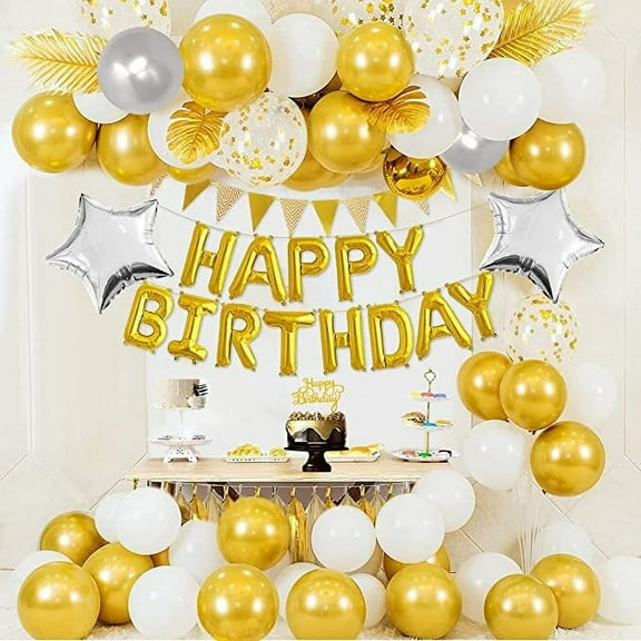 AOWEE Gold White Balloon Arch Decoration with Grey Gold Confetti Balloons Star Foil Balloons Tassels for Men Women Birthday Anniversary Graduation Party