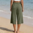 thumbnail image 4 of Capri Pants for Women High Waisted Wide Leg Linen Palazzo Trousers Pull On Elastic Smock Waist Loose Flowy Pants Army Green XL, 4 of 5