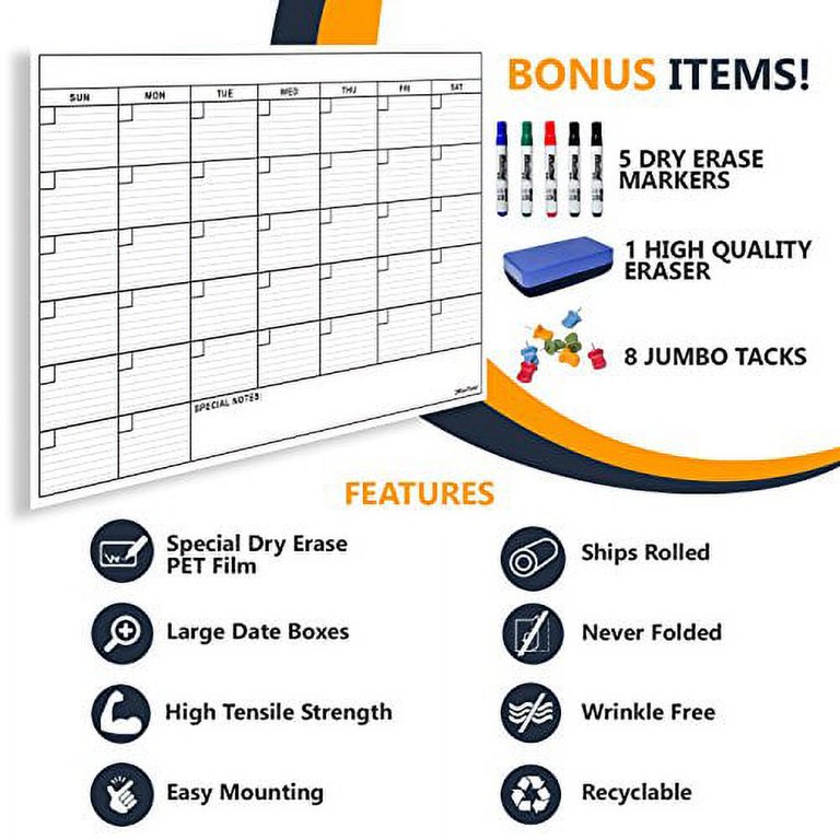 Dry Erase Laminated Jumbo Wall Calendar, Huge 24-inch by36-Inch Size,  Monthly Planner for Home Office, Classroom, Large Date Boxes, Reusable  Film, Never Folded, Includes 5 Markers, 8 Tacks. I Eraser - Walmart.com