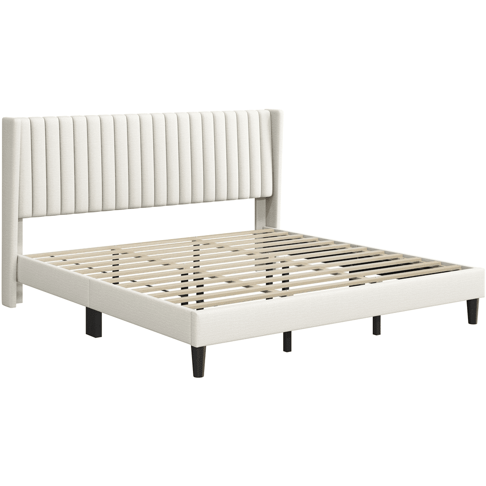 Fullfurnique Lit Rembourré avec Tête de Lit à Oreilles Design a Cannelures, Taille Queen, Ivoire