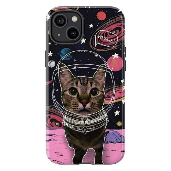 Space Cat Phone Case, Cute Astronaut Cat Illustration, Cosmic Galaxy Design Protective Cover for iPhone 16 15 14 13 12 11 Pro Plus Mini