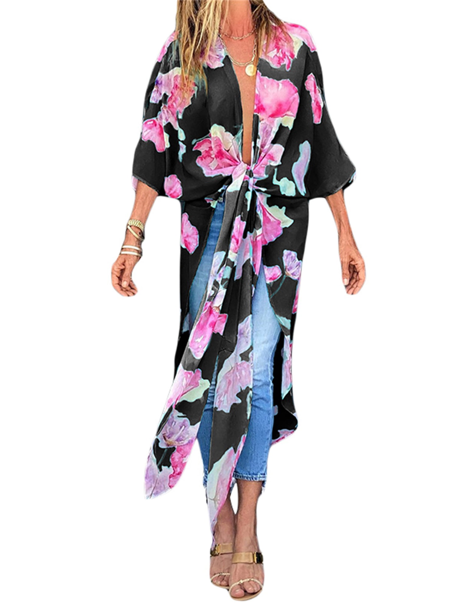 Womens Floral Printing Long Sleeves Cardigan Beach Kimono Loose Bikini Cover-Up 