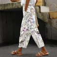 thumbnail image 2 of KDFJPTH Women's Floral Bird Print Linen Blend Pants Elastic Waist Cropped Casual Trousers with Side Pockets White L, 2 of 7