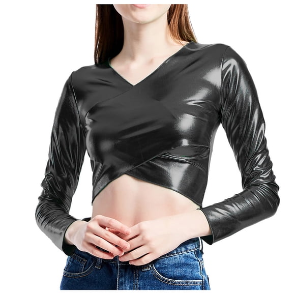 Hontri Women's Nylon Underwear, Women's Wrap-Around Patent Leather Solid Color Tube Top Shirt Performance Tops Black L under $10