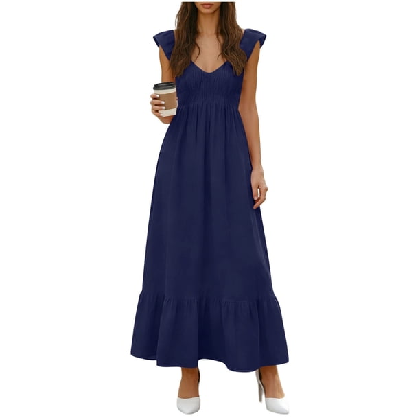 Vestido Casual Tops para las Mujeres Casual Cómodo sin Mangas Cuello en V Plegado Vestido Sólido