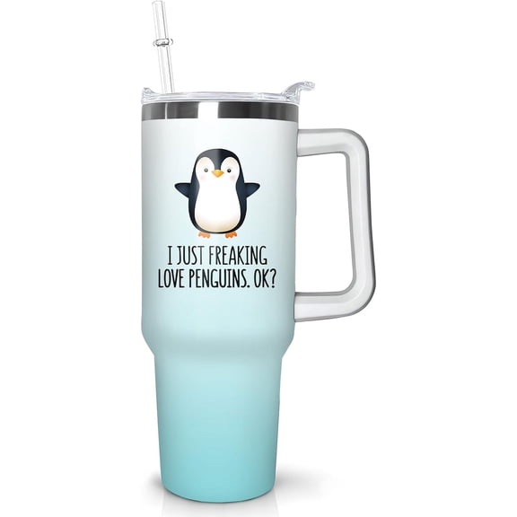 40 oz Penguin Tumbler with Handle and Straw, Vacuum Insulated Water Bottle Stainless Steel, Leak Proof Travel Coffee Mug Gifts for Penguin Lover,Cute Cup for Home Office Car Outdoors Sports