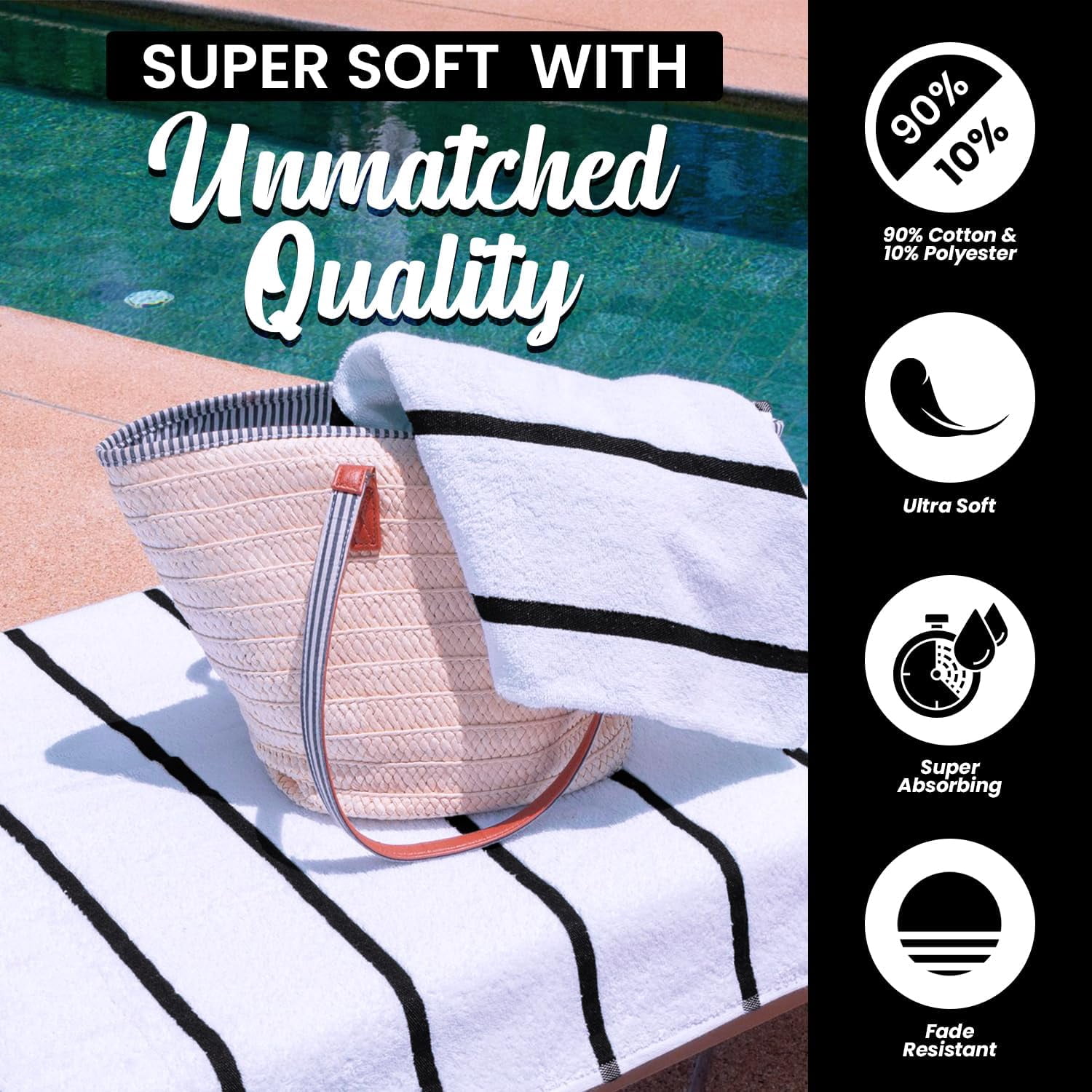 belem Black Horizontal Stripe Oversized Pool Towels Bulk 30x60-60 Pack Beach Towels Bulk - Highly Absorbent Spa & Hotel Bath Sheet - Quick Drying & Soft Towels in Bulk