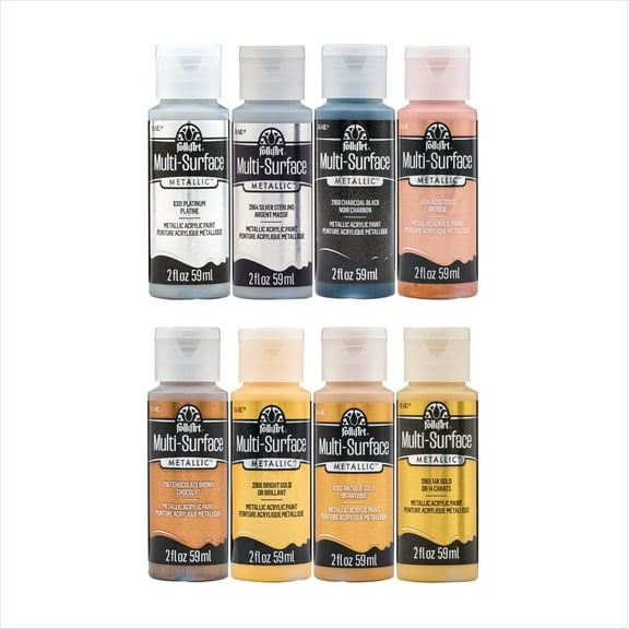 FolkArt Multi-Surface Metallic Acrylic Craft Paint Set, 8 Colors, 2 fl oz Each