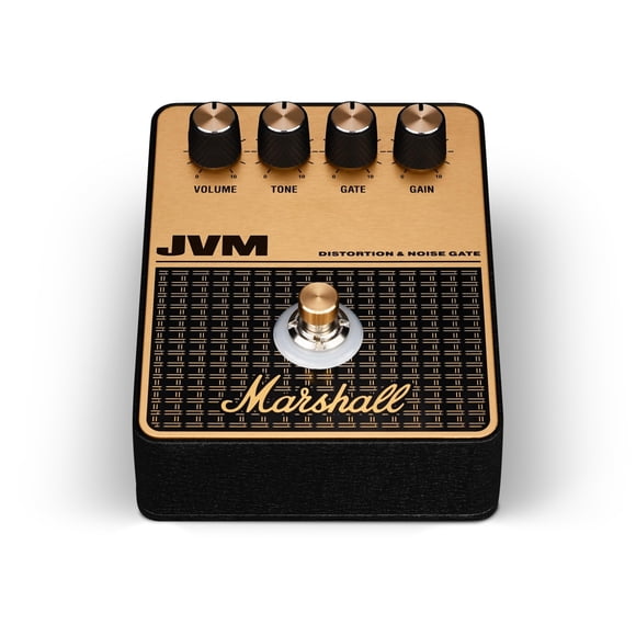 Pedal de overdrive y distorsión Marshall JVM negro y dorado